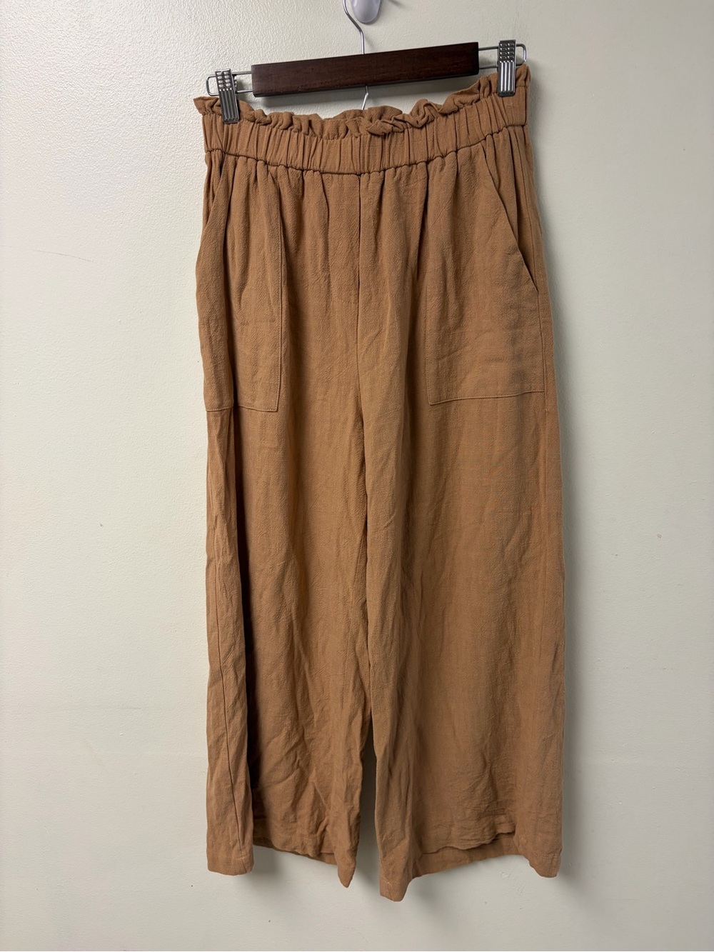 Frnch Cotton Linen Blend Paperbag Waist Wide Leg Crop Pants Brown Size Small